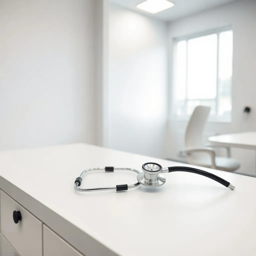Stethoscope on a clean white desk, modern medical environmen