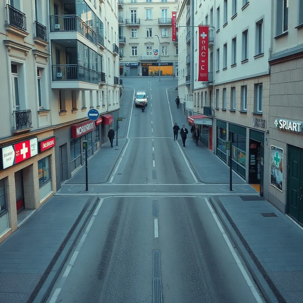 Modern aerial view of a clean European city street with medi