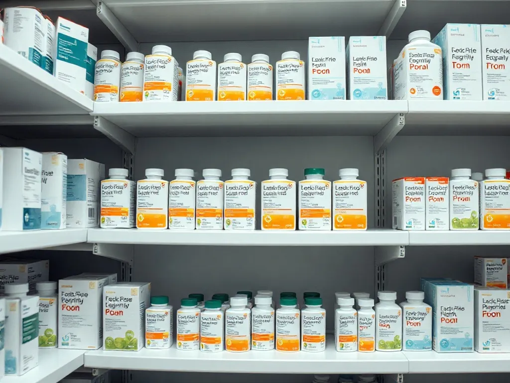 Professional pharmacy shelves with medicine boxes, clean cli