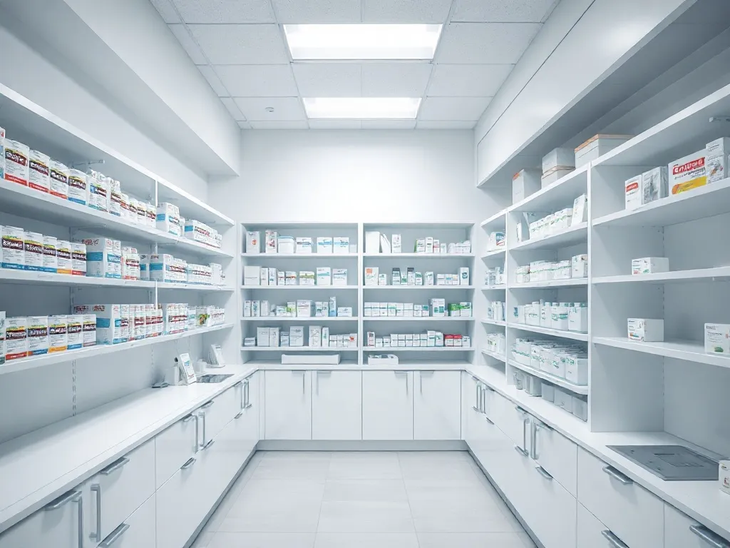 A clean, minimalist pharmacy interior with white shelves, or